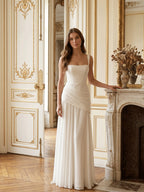White Chiffon A-Line Square Neck Corset Back Floor-Length Bridesmaid Dress with Pleated Details - Curvevia