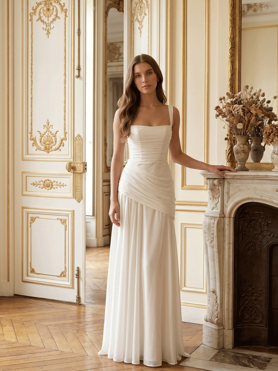 White Chiffon A-Line Square Neck Corset Back Floor-Length Bridesmaid Dress with Pleated Details - Curvevia