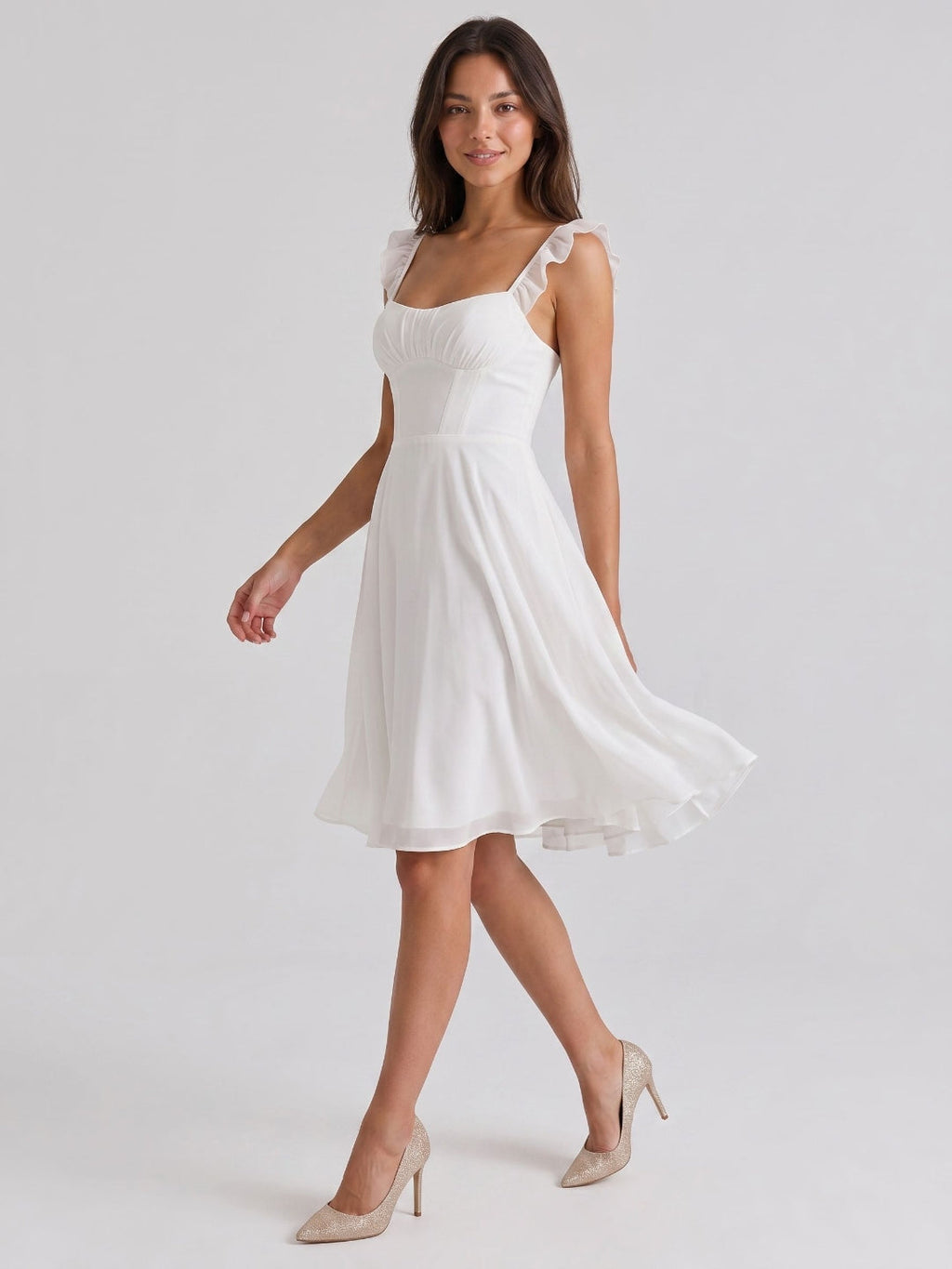 White Chiffon A-Line Square Neck Short Dress with Pleating - Curvevia