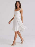White Chiffon A-Line Square Neck Short Dress with Pleating - Curvevia