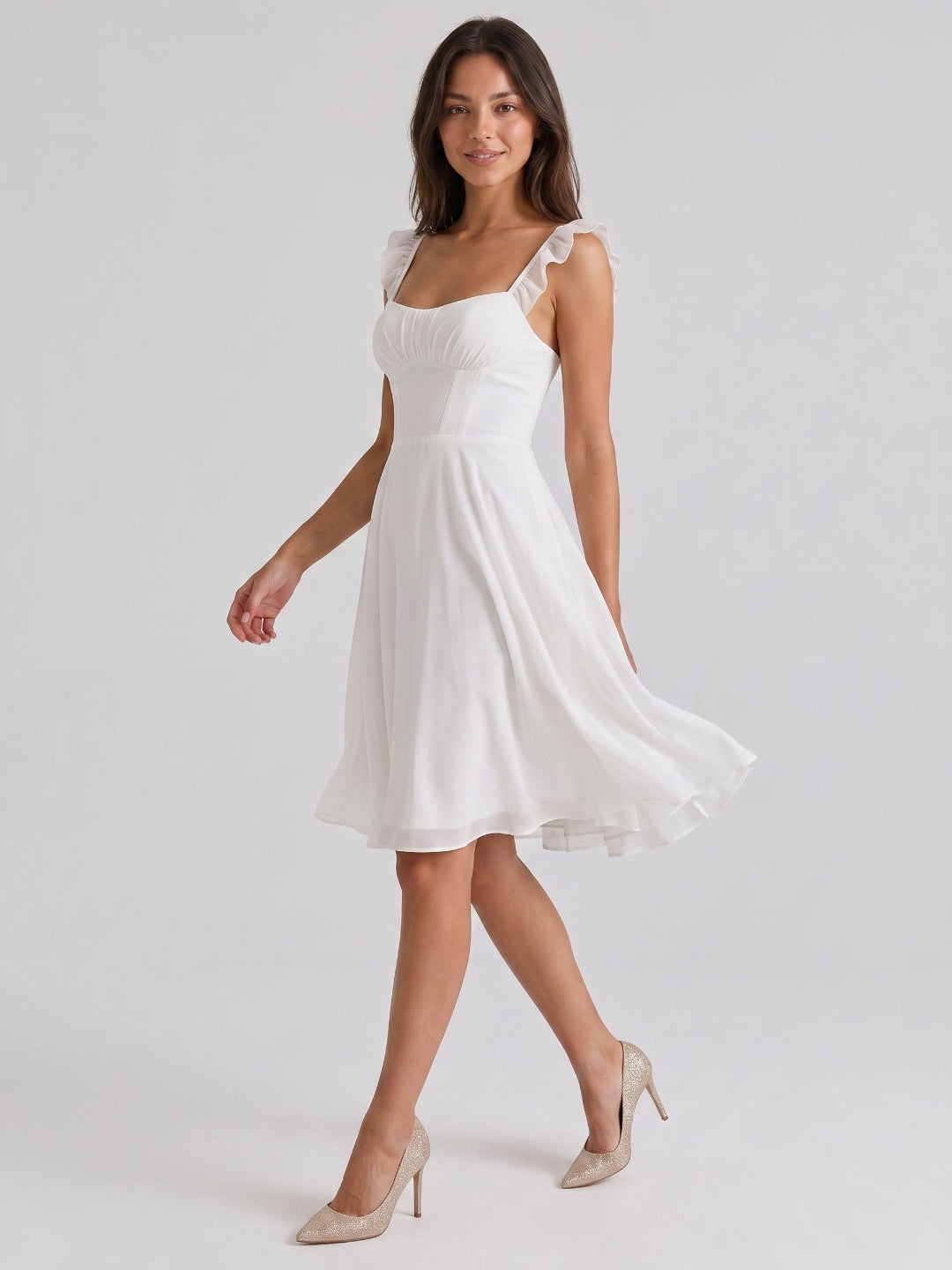 White Chiffon A-Line Square Neck Short Dress with Pleating - Curvevia