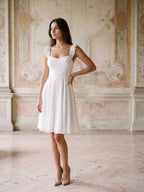 White Chiffon A-Line Square Neck Short Dress with Pleating - Curvevia