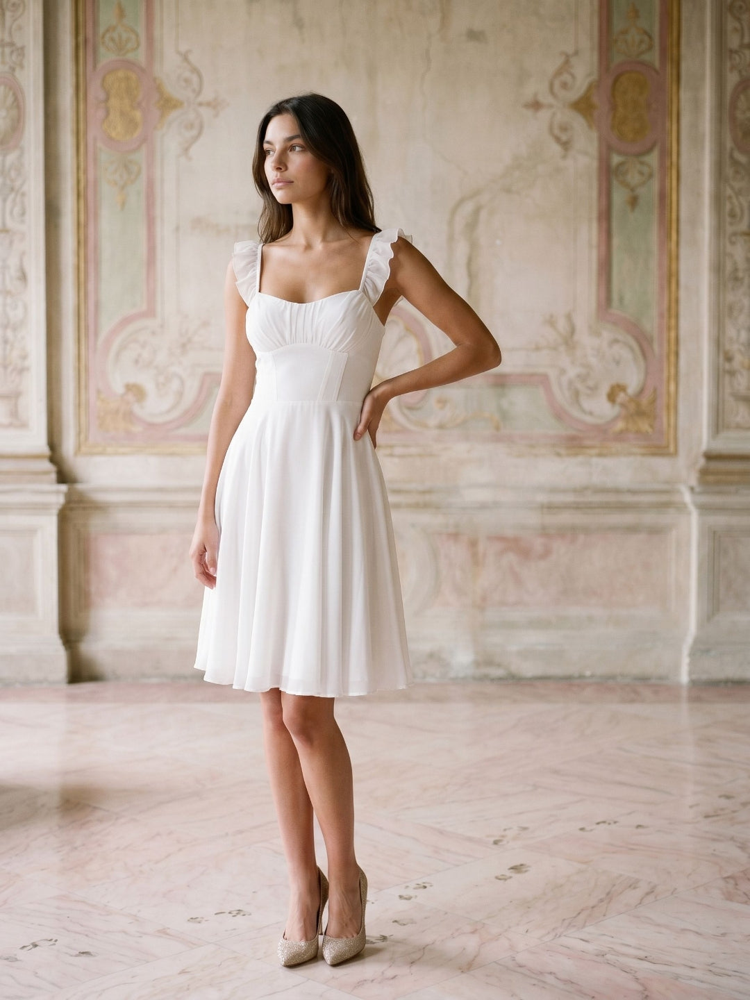 White Chiffon A-Line Square Neck Short Dress with Pleating - Curvevia