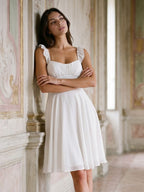 White Chiffon A-Line Square Neck Short Dress with Pleating - Curvevia