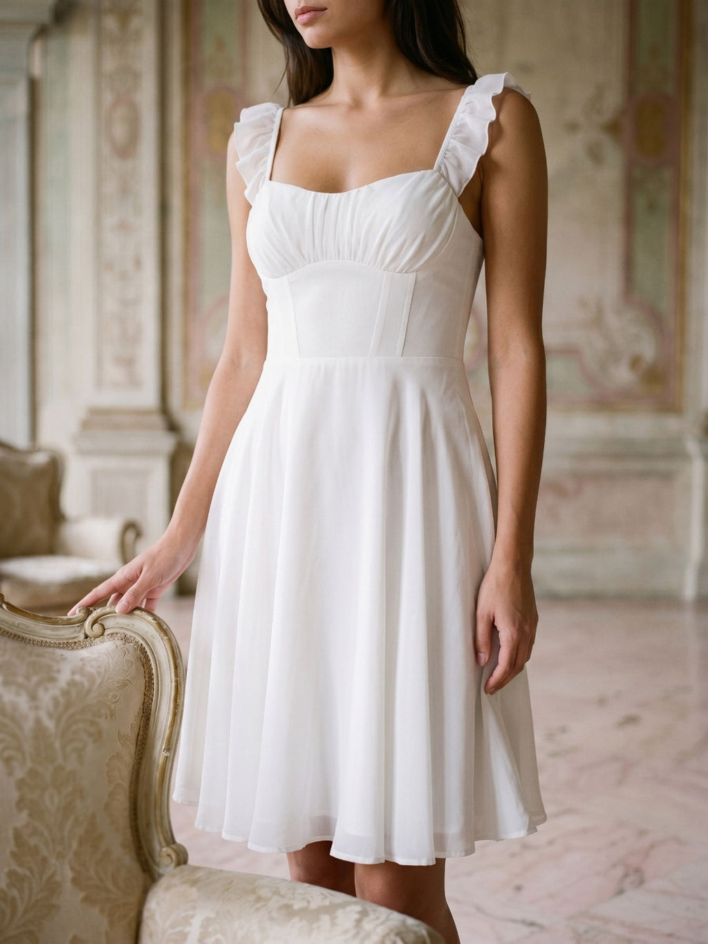 White Chiffon A-Line Square Neck Short Dress with Pleating - Curvevia