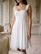 White Chiffon A-Line Square Neck Short Dress with Pleating - Curvevia