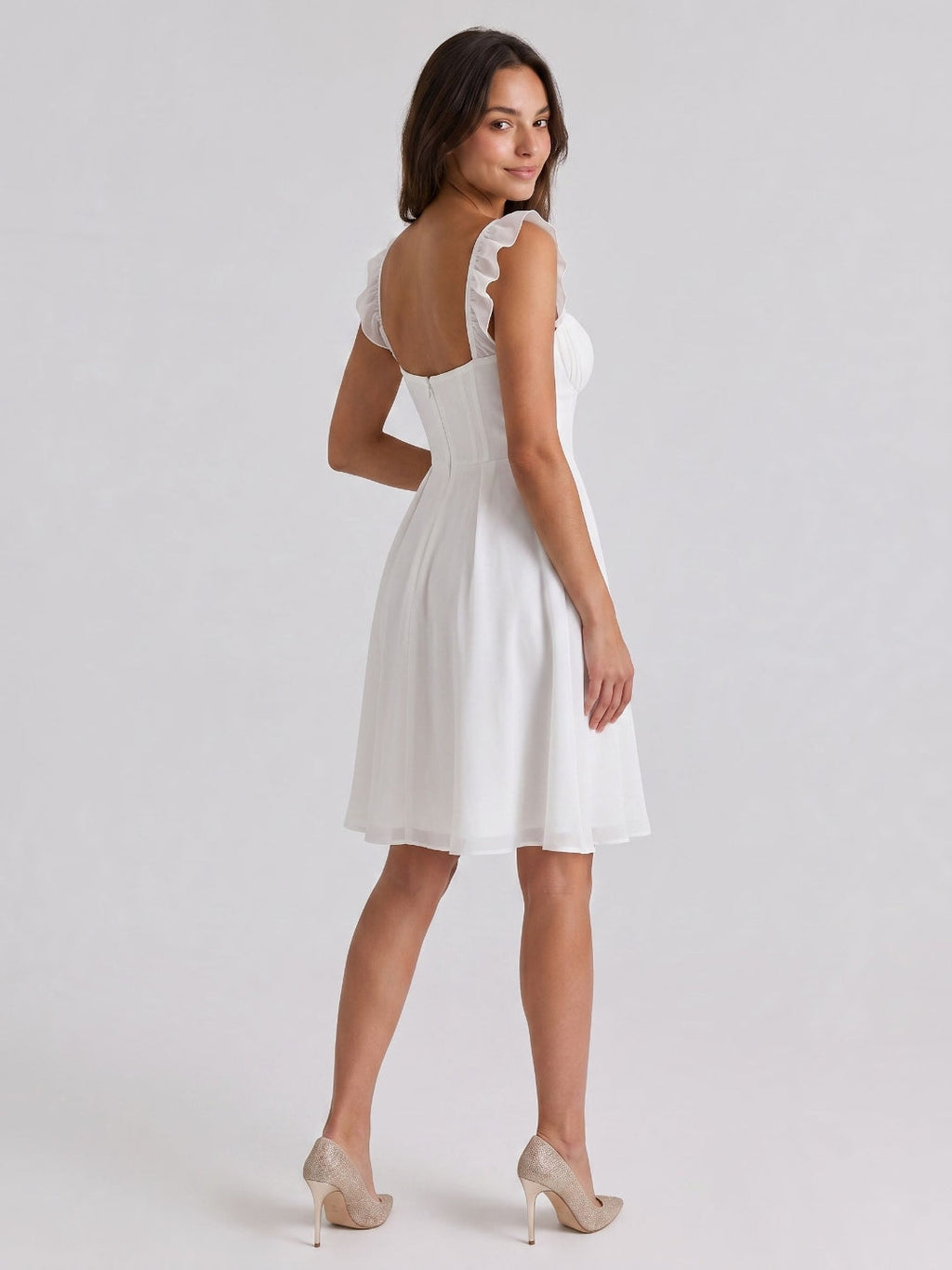 White Chiffon A-Line Square Neck Short Dress with Pleating - Curvevia
