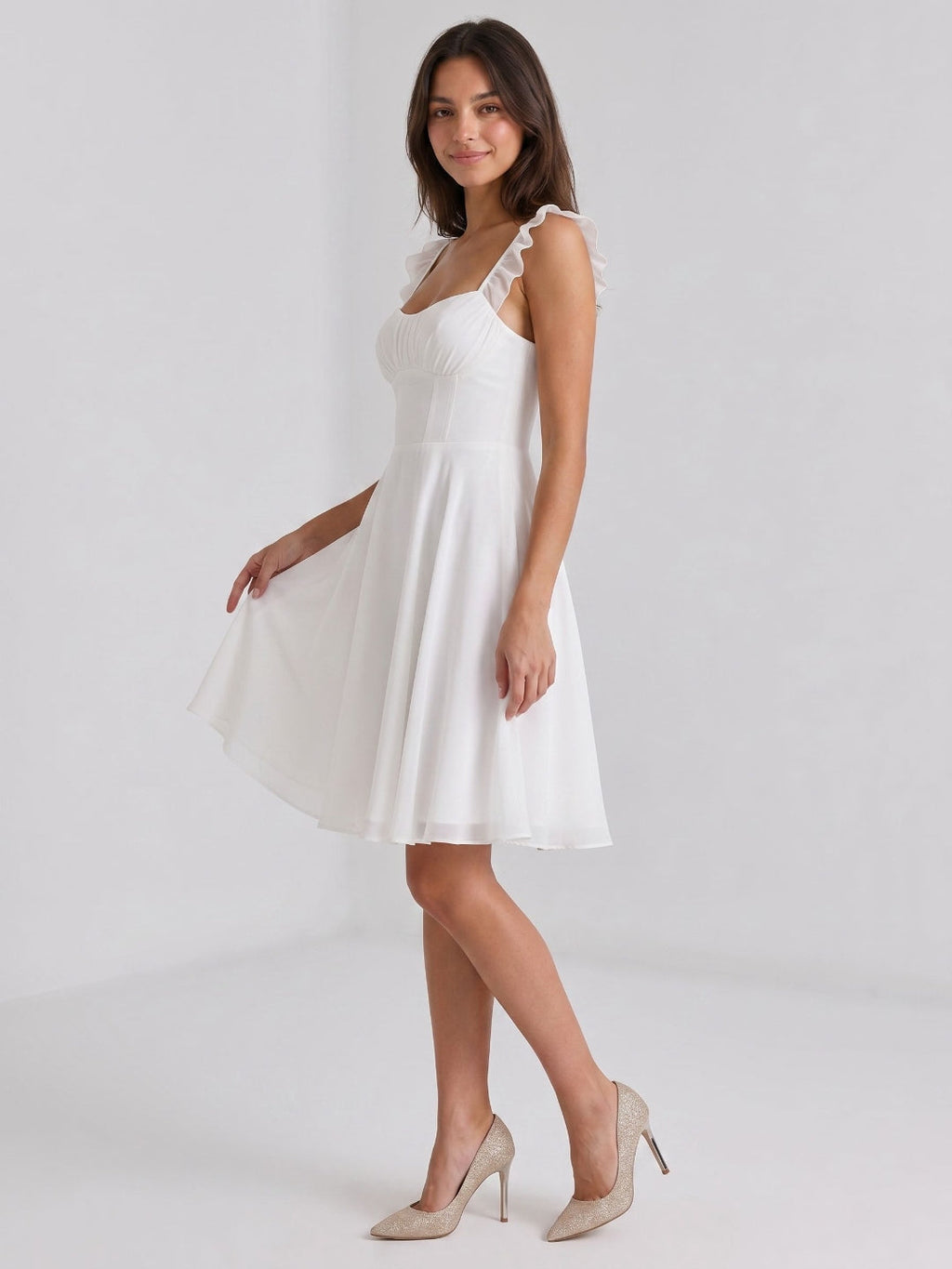 White Chiffon A-Line Square Neck Short Dress with Pleating - Curvevia