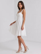 White Chiffon A-Line Square Neck Short Dress with Pleating - Curvevia