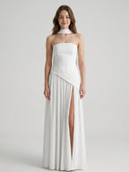 White Chiffon A-Line Straight Neck Corset Back Ankle-Length Bridesmaid Dress - Curvevia