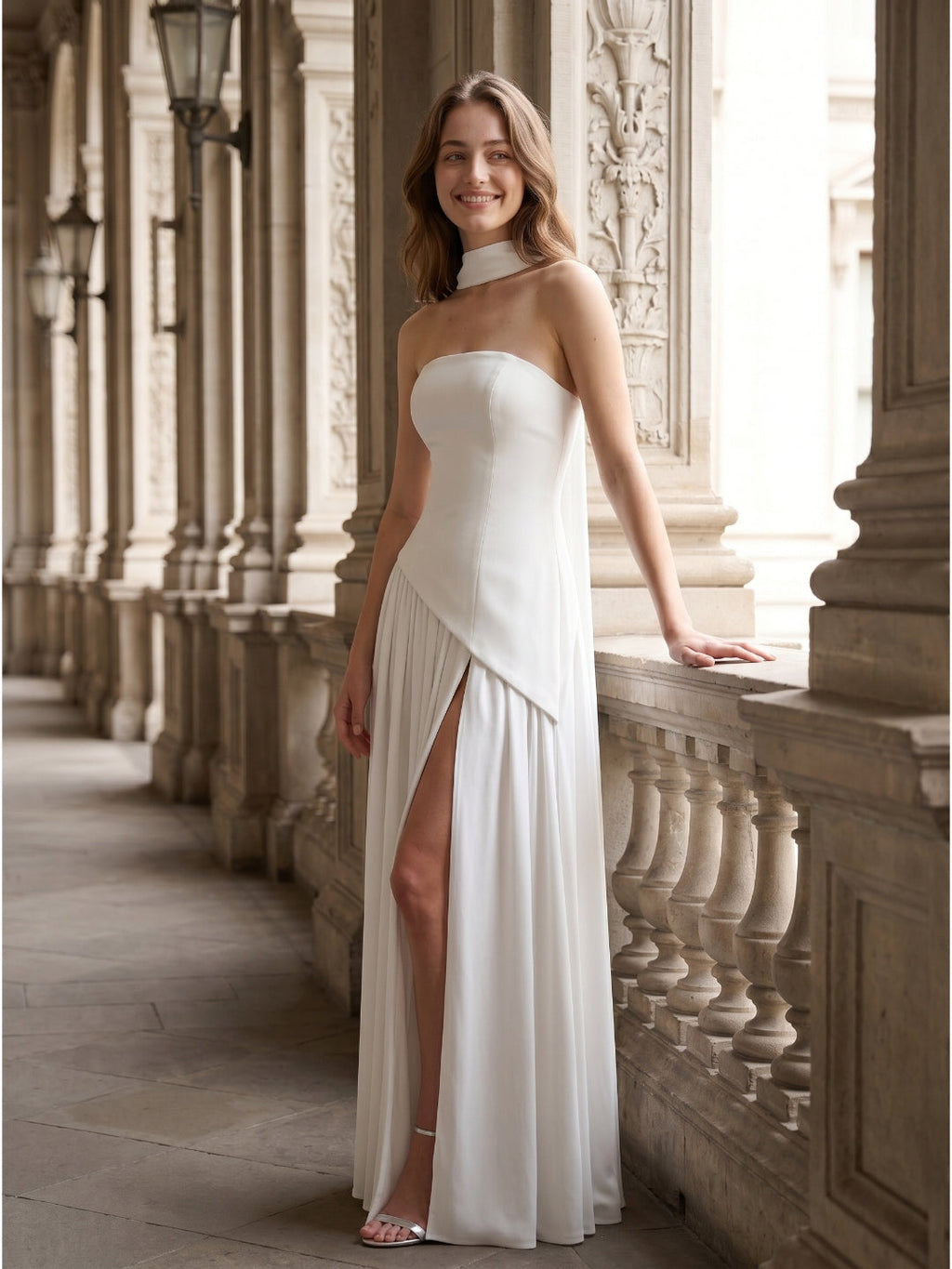 White Chiffon A-Line Straight Neck Corset Back Ankle-Length Bridesmaid Dress - Curvevia