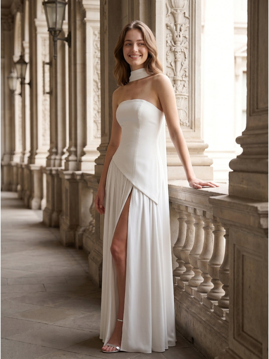 White Chiffon A-Line Straight Neck Corset Back Ankle-Length Bridesmaid Dress - Curvevia