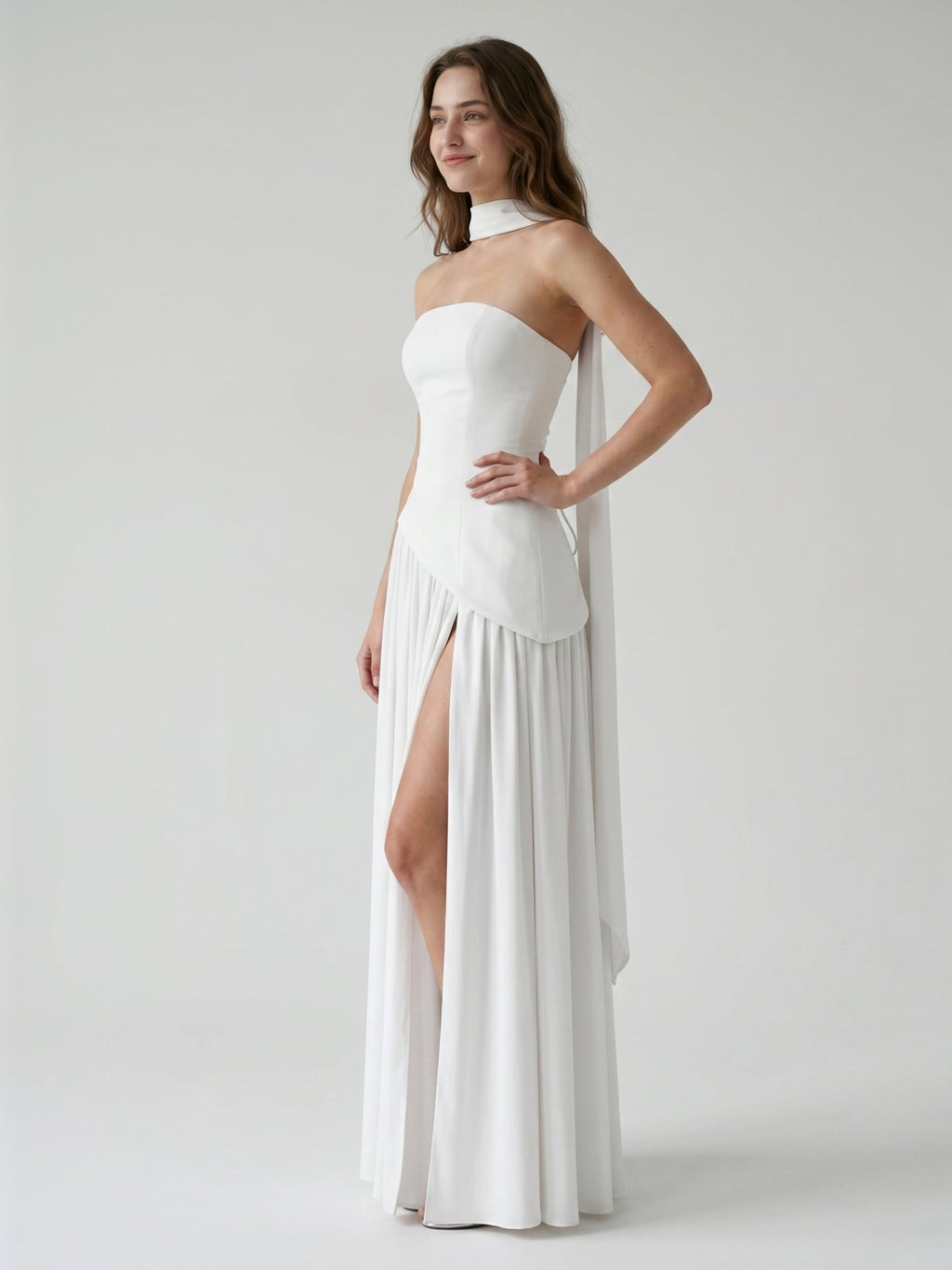 White Chiffon A-Line Straight Neck Corset Back Ankle-Length Bridesmaid Dress - Curvevia