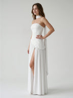 White Chiffon A-Line Straight Neck Corset Back Ankle-Length Bridesmaid Dress - Curvevia