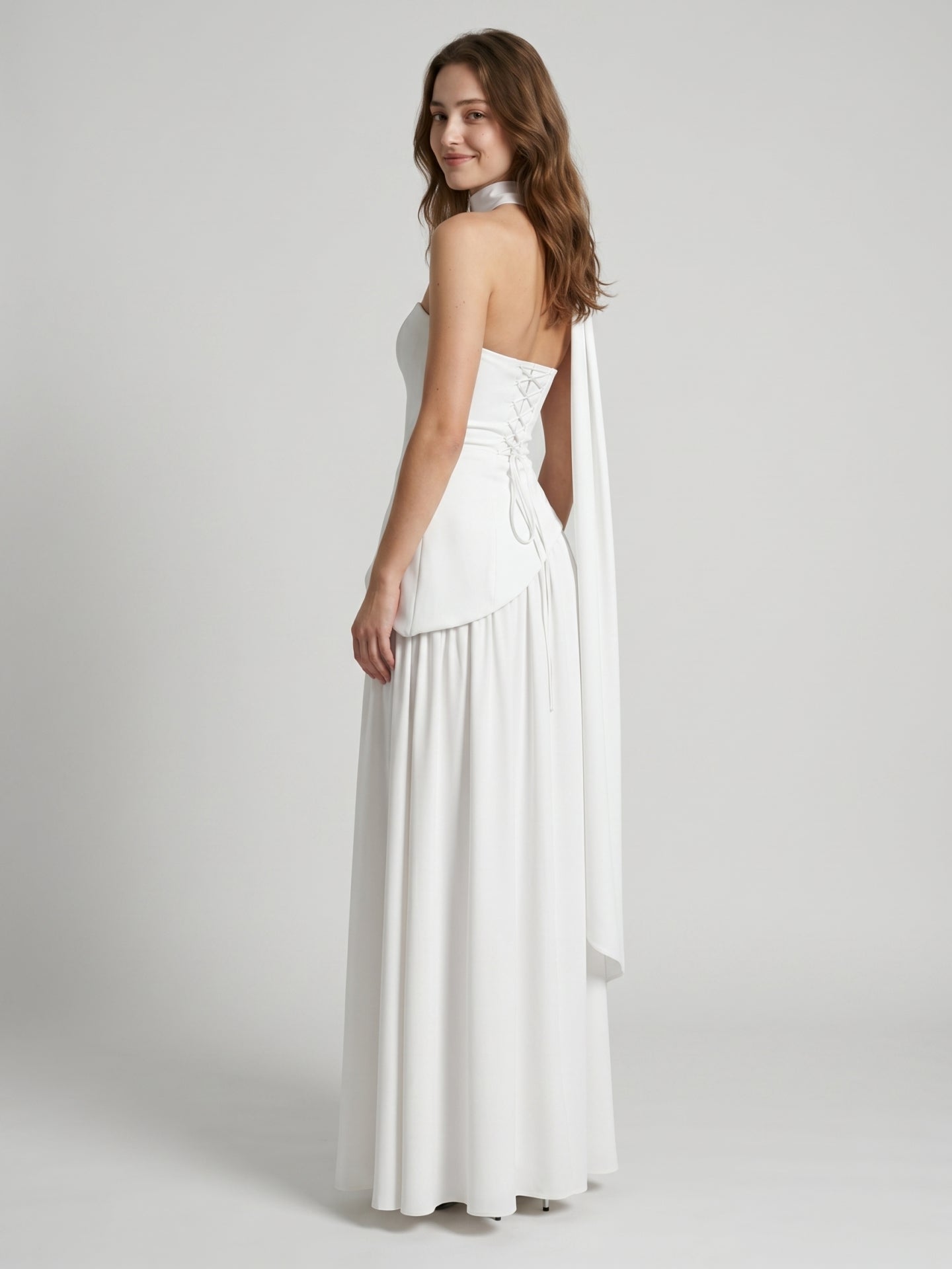 White Chiffon A-Line Straight Neck Corset Back Ankle-Length Bridesmaid Dress - Curvevia