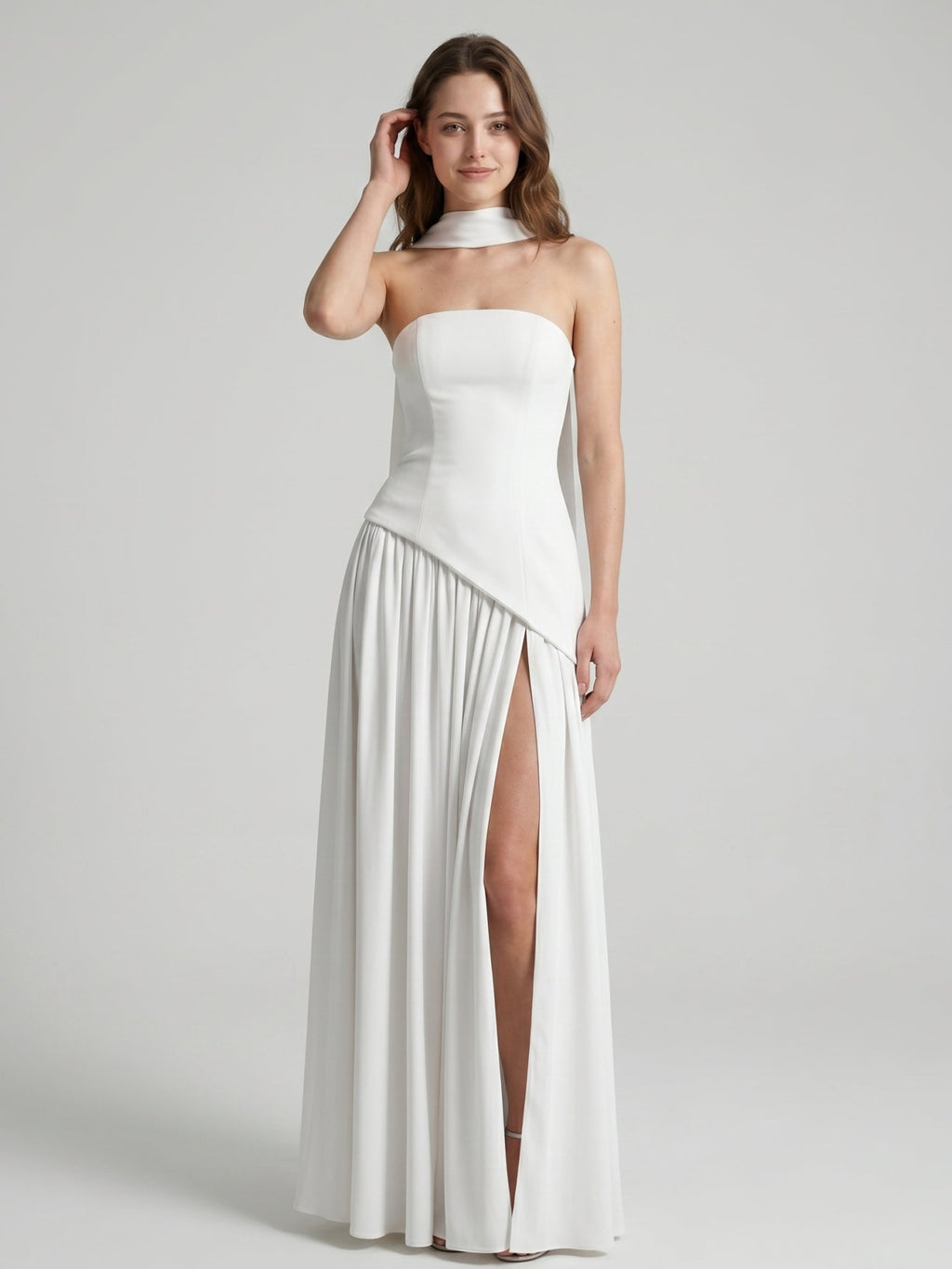 White Chiffon A-Line Straight Neck Corset Back Ankle-Length Bridesmaid Dress - Curvevia