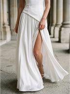 White Chiffon A-Line Straight Neck Corset Back Ankle-Length Bridesmaid Dress - Curvevia