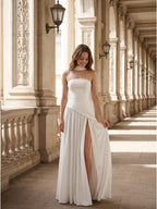 White Chiffon A-Line Straight Neck Corset Back Ankle-Length Bridesmaid Dress - Curvevia