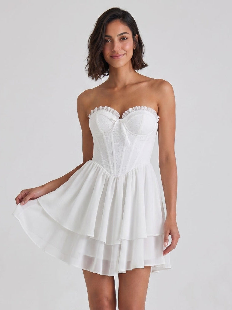 White Chiffon A-Line Sweetheart Back Zip Mini Homecoming Dress with Ruffles - Curvevia