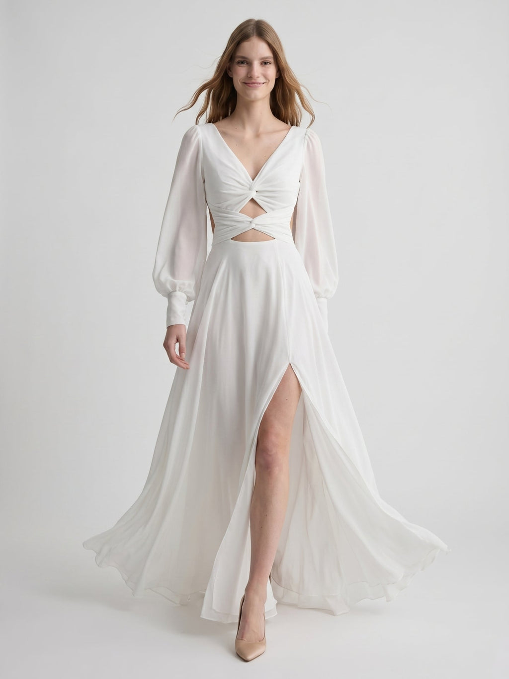 White Chiffon A-Line V-Neck Backless Floor-Length Pleated Bridesmaid Dress - Curvevia