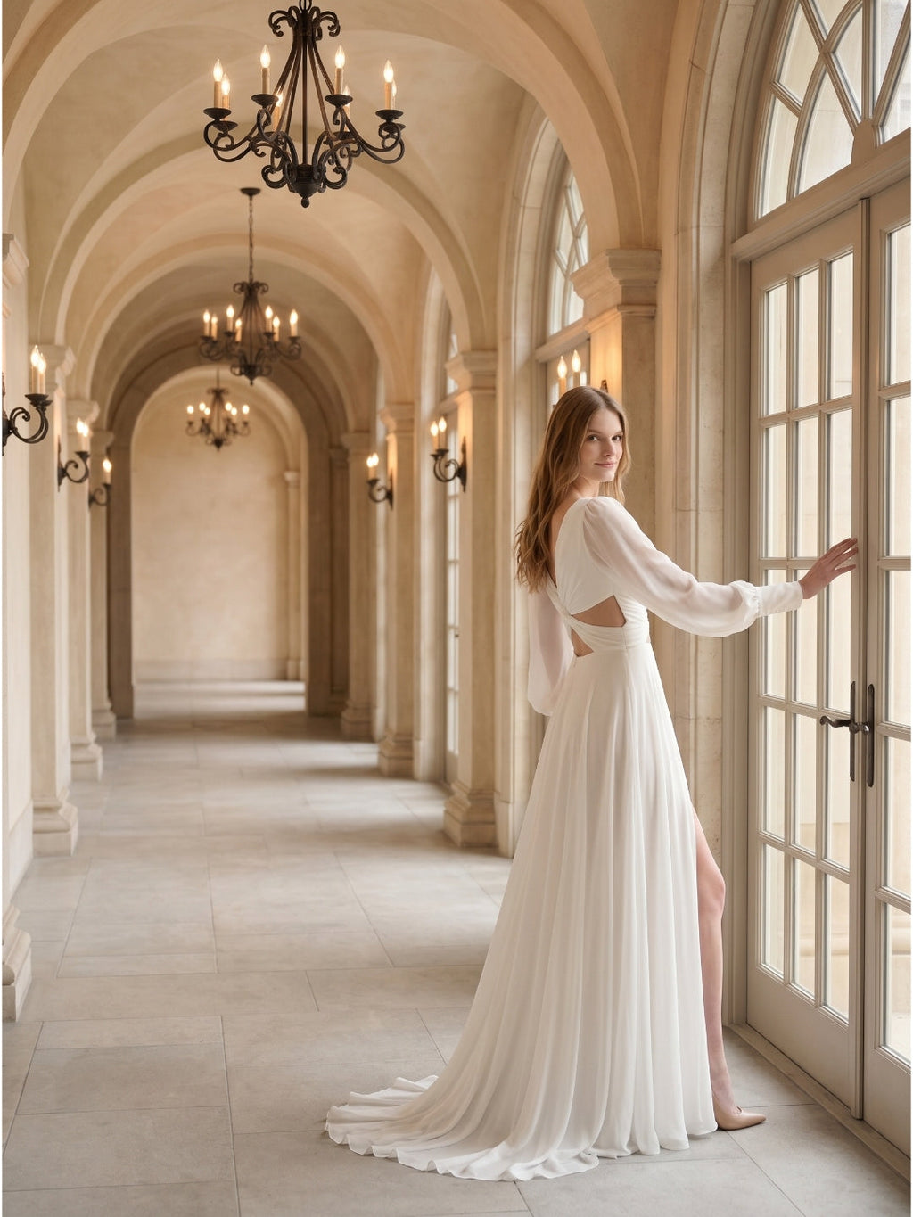 White Chiffon A-Line V-Neck Backless Floor-Length Pleated Bridesmaid Dress - Curvevia