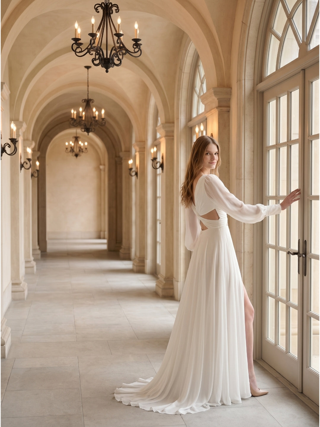 White Chiffon A-Line V-Neck Backless Floor-Length Pleated Bridesmaid Dress - Curvevia