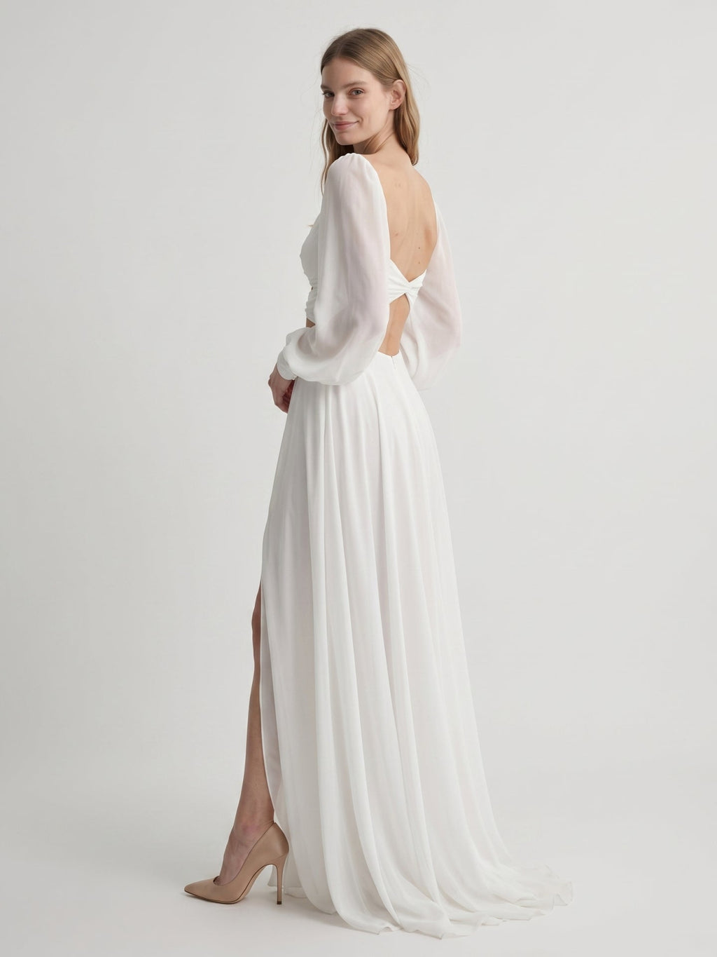 White Chiffon A-Line V-Neck Backless Floor-Length Pleated Bridesmaid Dress - Curvevia