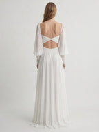 White Chiffon A-Line V-Neck Backless Floor-Length Pleated Bridesmaid Dress - Curvevia