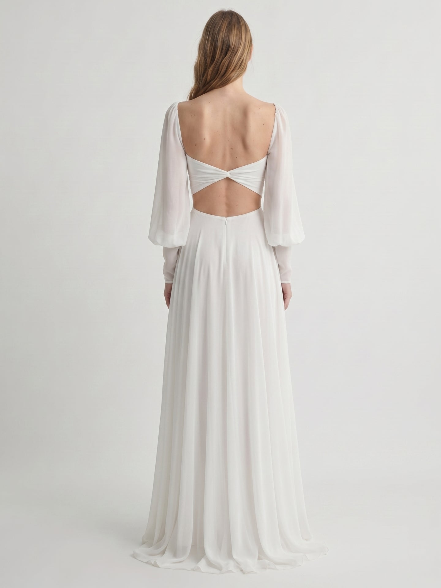 White Chiffon A-Line V-Neck Backless Floor-Length Pleated Bridesmaid Dress - Curvevia
