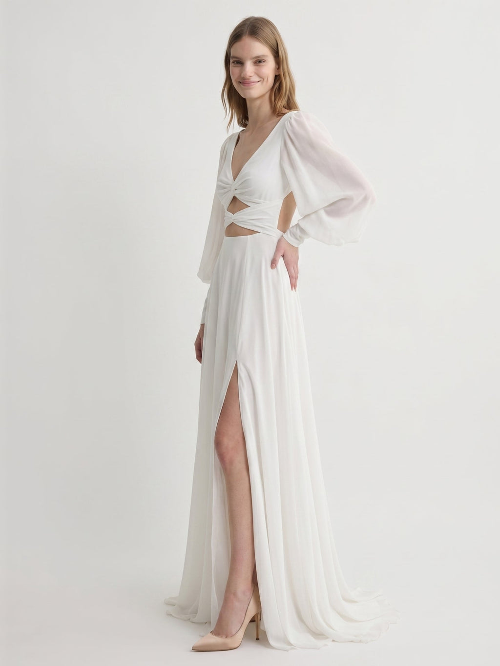 White Chiffon A-Line V-Neck Backless Floor-Length Pleated Bridesmaid Dress - Curvevia