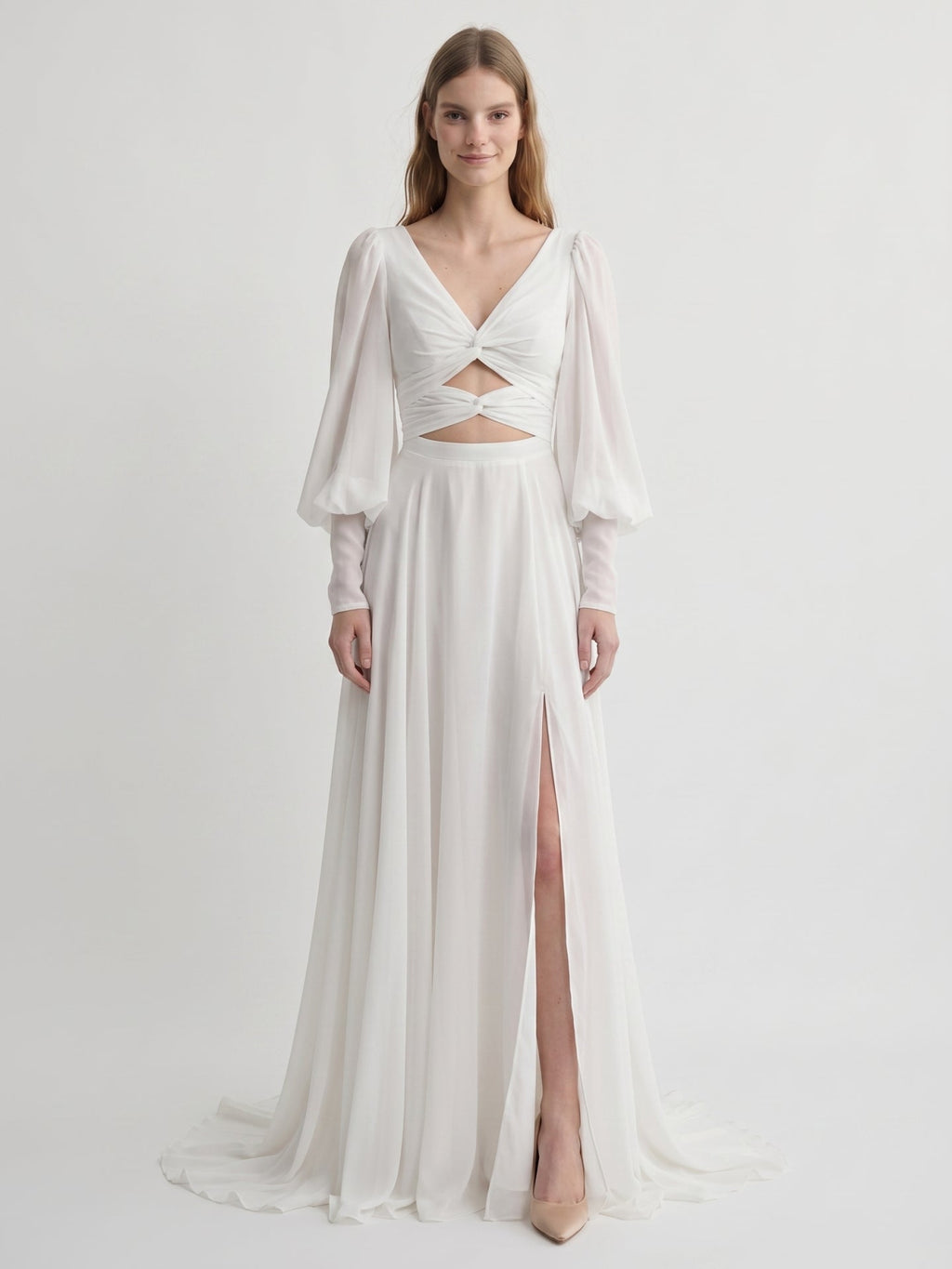 White Chiffon A-Line V-Neck Backless Floor-Length Pleated Bridesmaid Dress - Curvevia