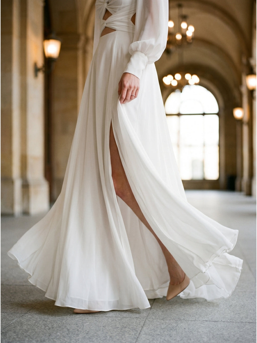 White Chiffon A-Line V-Neck Backless Floor-Length Pleated Bridesmaid Dress - Curvevia
