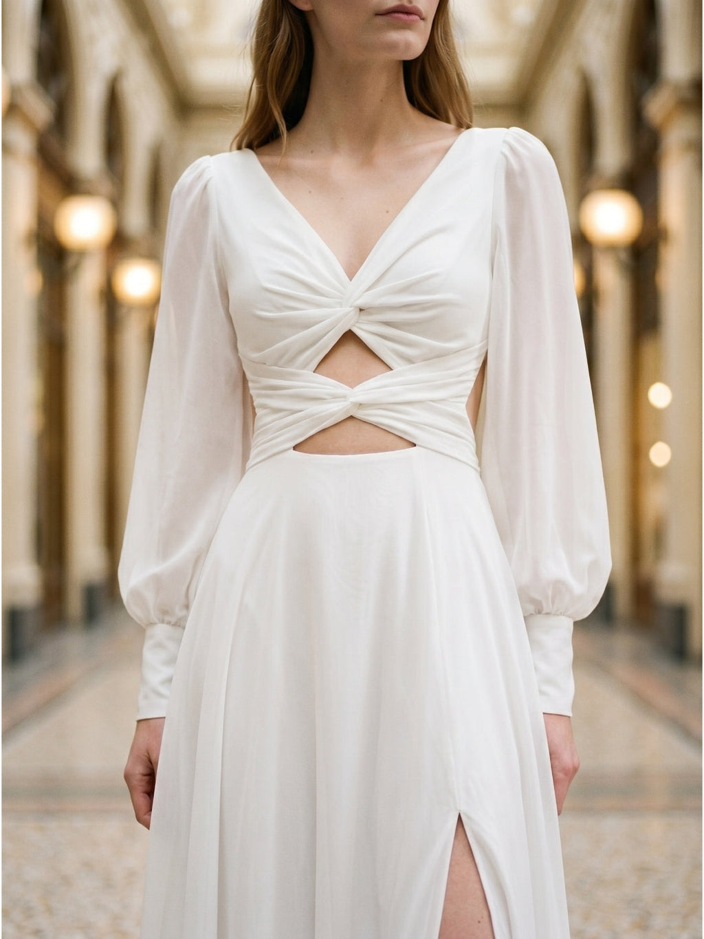 White Chiffon A-Line V-Neck Backless Floor-Length Pleated Bridesmaid Dress - Curvevia