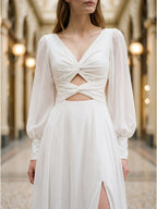 White Chiffon A-Line V-Neck Backless Floor-Length Pleated Bridesmaid Dress - Curvevia