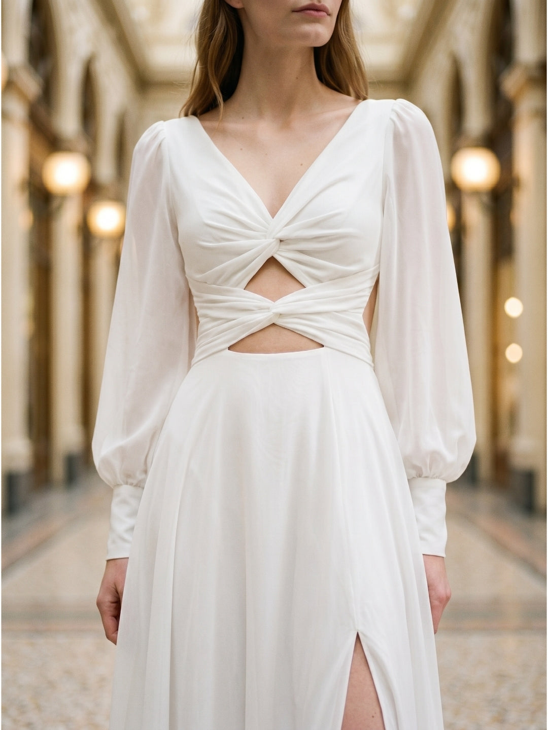 White Chiffon A-Line V-Neck Backless Floor-Length Pleated Bridesmaid Dress - Curvevia