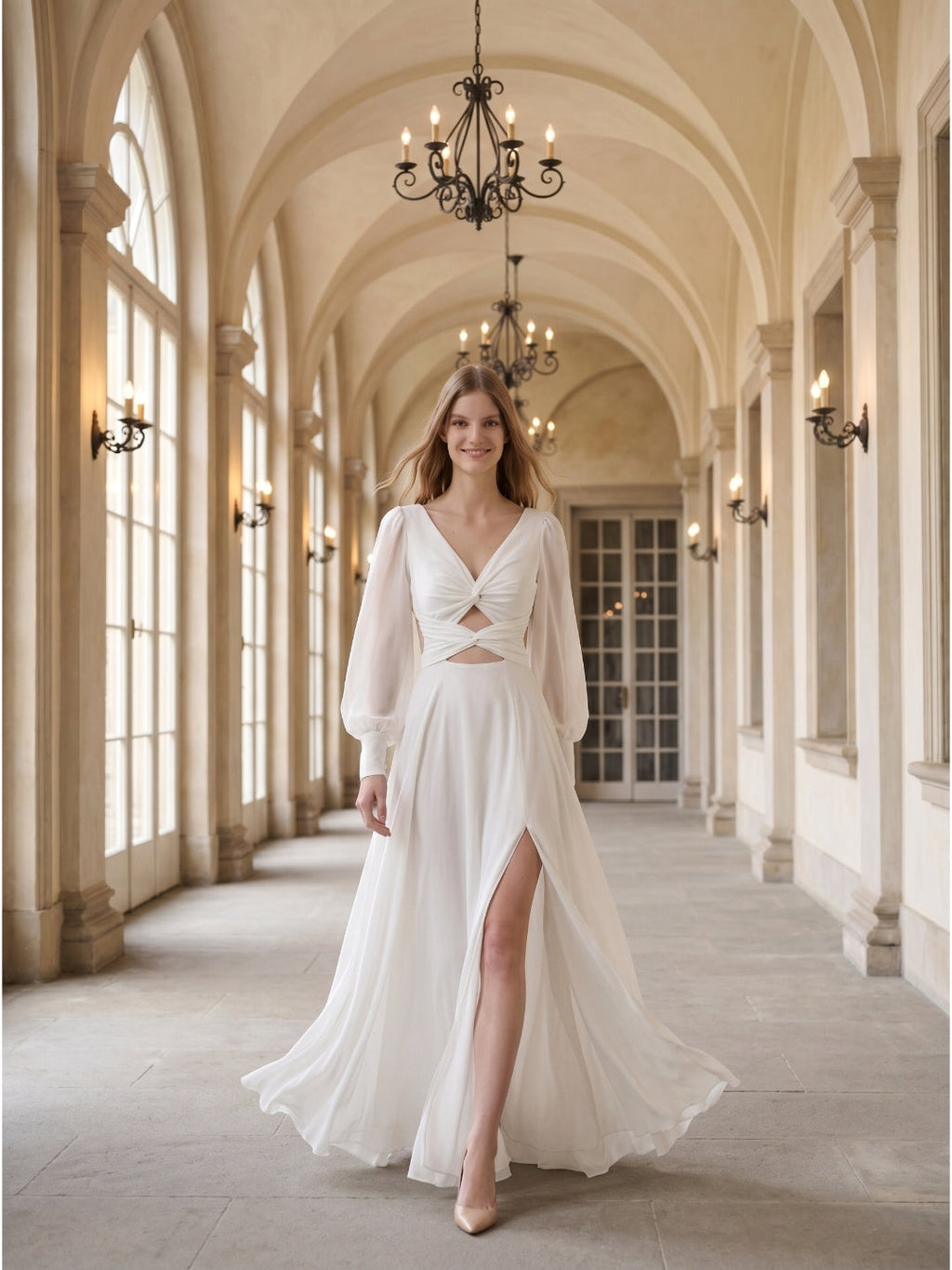 White Chiffon A-Line V-Neck Backless Floor-Length Pleated Bridesmaid Dress - Curvevia