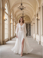 White Chiffon A-Line V-Neck Backless Floor-Length Pleated Bridesmaid Dress - Curvevia