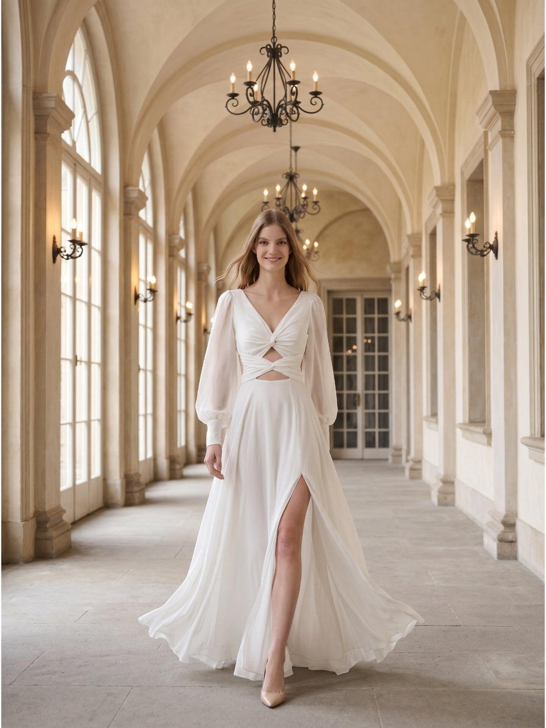 White Chiffon A-Line V-Neck Backless Floor-Length Pleated Bridesmaid Dress - Curvevia
