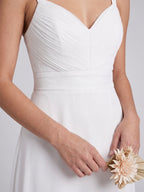 White Chiffon A-Line V-Neck V-Back Floor-Length Bridesmaid Dress with Pleating - Curvevia