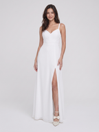 White Chiffon A-Line V-Neck V-Back Floor-Length Bridesmaid Dress with Pleating - Curvevia