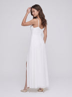 White Chiffon A-Line V-Neck V-Back Floor-Length Bridesmaid Dress with Pleating - Curvevia