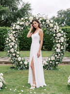 White Chiffon A-Line V-Neck V-Back Floor-Length Bridesmaid Dress with Pleating - Curvevia