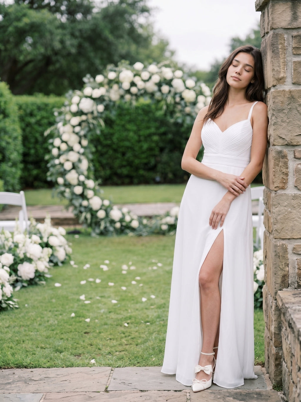 White Chiffon A-Line V-Neck V-Back Floor-Length Bridesmaid Dress with Pleating - Curvevia