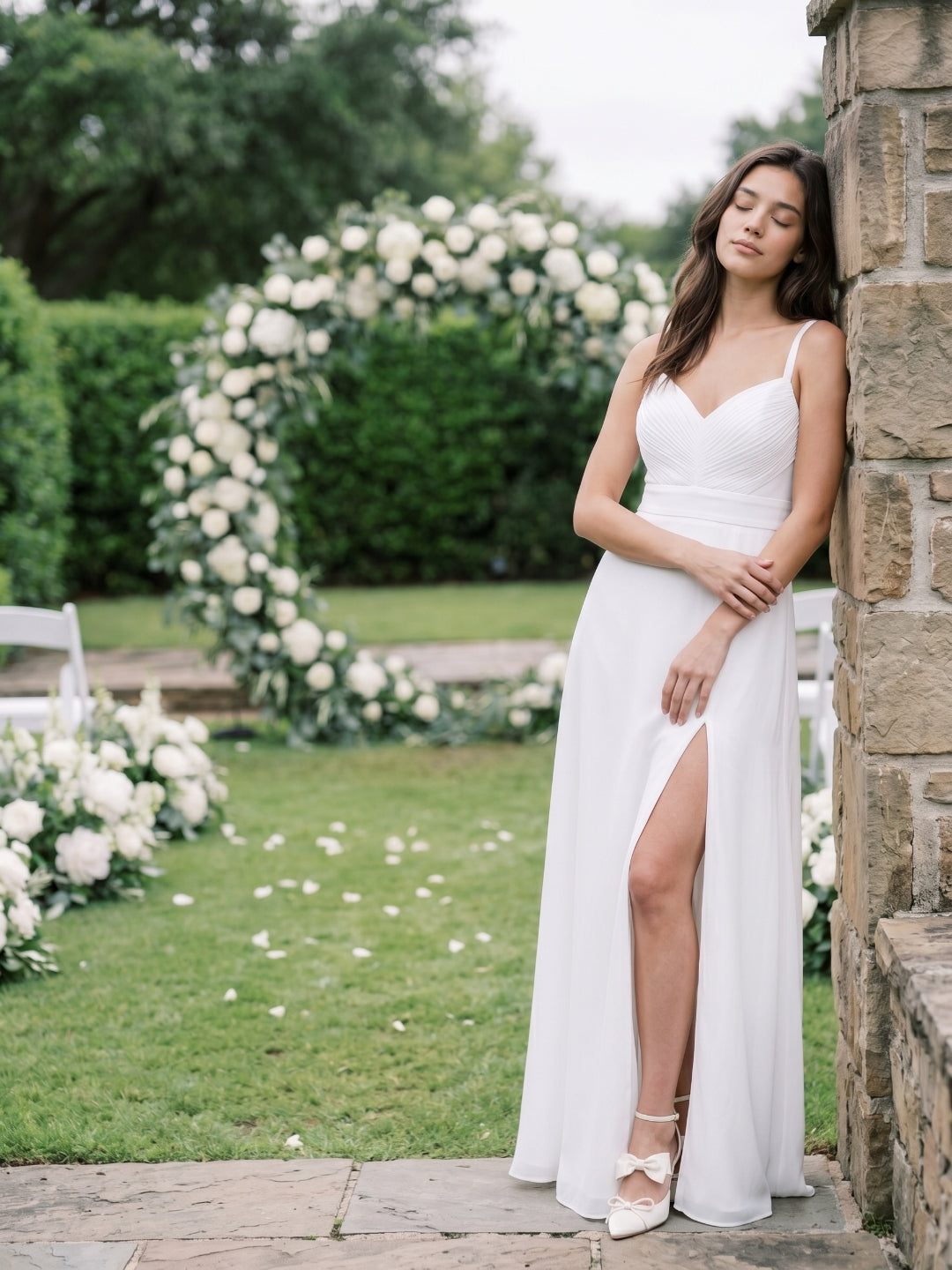 White Chiffon A-Line V-Neck V-Back Floor-Length Bridesmaid Dress with Pleating - Curvevia