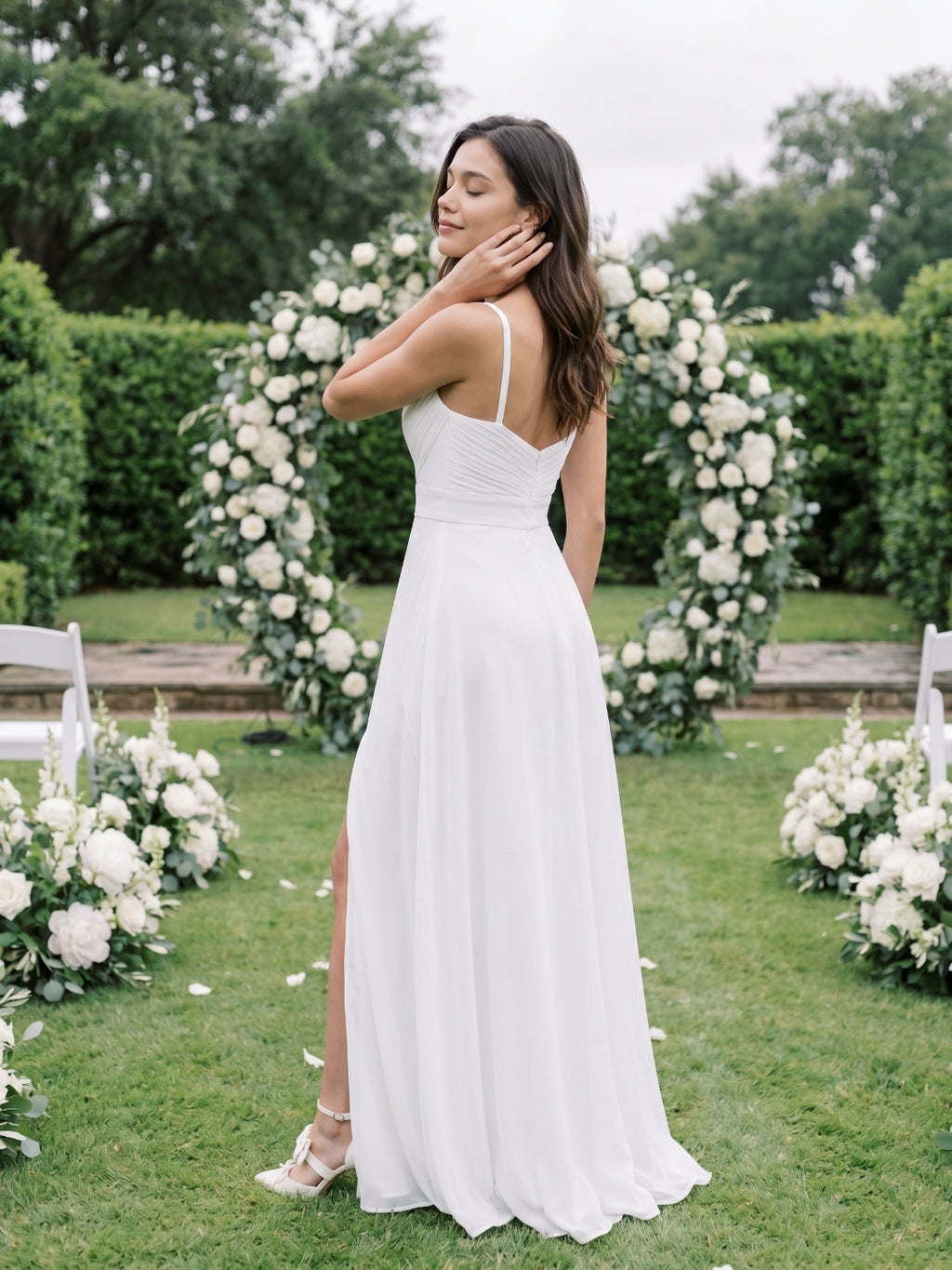 White Chiffon A-Line V-Neck V-Back Floor-Length Bridesmaid Dress with Pleating - Curvevia