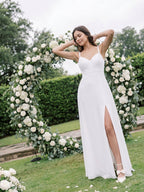 White Chiffon A-Line V-Neck V-Back Floor-Length Bridesmaid Dress with Pleating - Curvevia