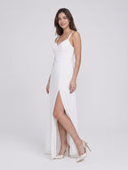 White Chiffon A-Line V-Neck V-Back Floor-Length Bridesmaid Dress with Pleating - Curvevia