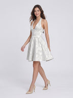 White Jacquard A-Line Halter Neckline Lace-Up Back Short Dress with Bow - Curvevia
