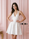 White Jacquard A-Line Halter Neckline Lace-Up Back Short Dress with Bow - Curvevia