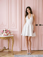 White Jacquard A-Line Halter Neckline Lace-Up Back Short Dress with Bow - Curvevia